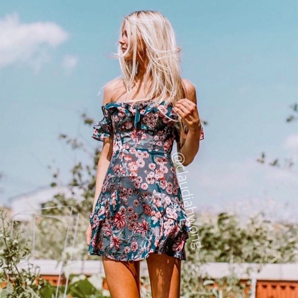 FOR LOVE & LEMONS Floral Silk Off Shoulder Mini Dress in Navy Blue